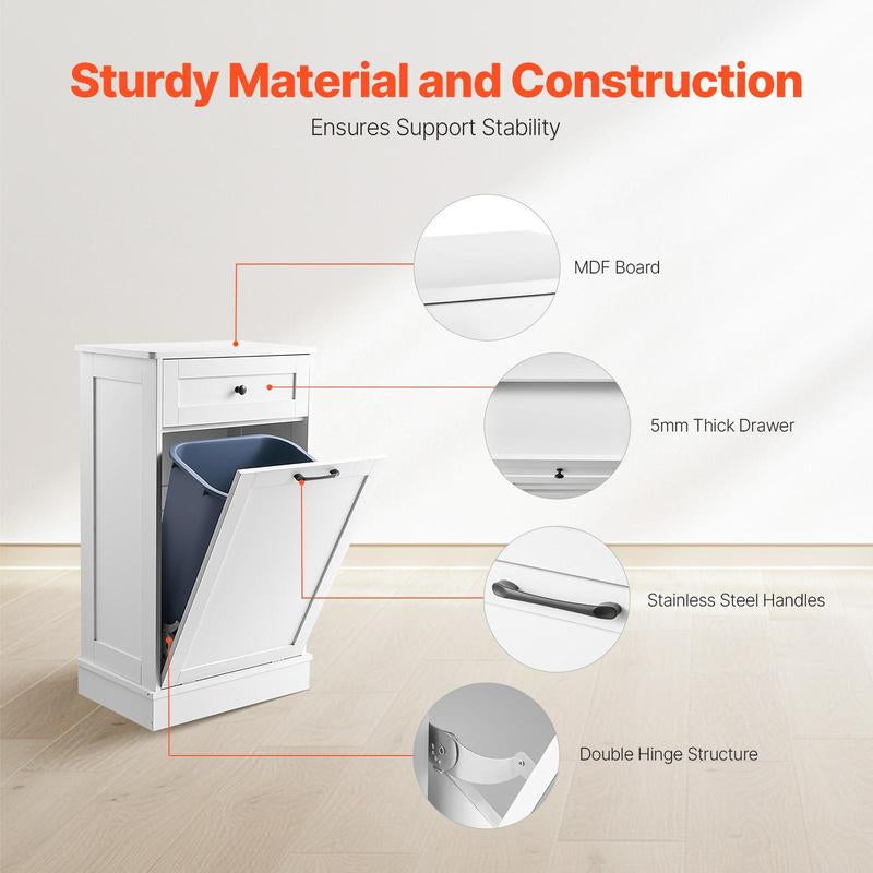 VEVOR Tilt Out Trash Bin Cabinet, 10 Gallon Wooden Free Standing Garbage Holder, Recycling Cabinet with Hideaway Drawer, Kitchen Laundry Sorter Hamper, Dog Proof Trash Can Holder, White