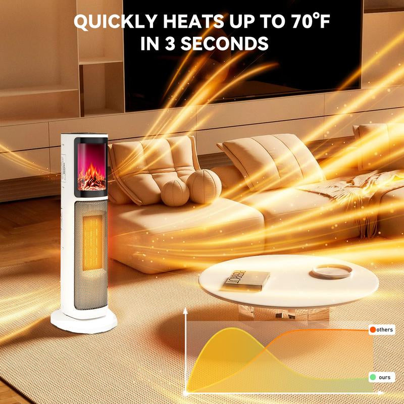 Ceramic Tower 1500W Indoor Space Heater Fan, Room Heating with Oscillation, Portable Tower Heater for Office, Bedroom, Living Room, Overheat Protection, Electronic Flame Light Effect, White