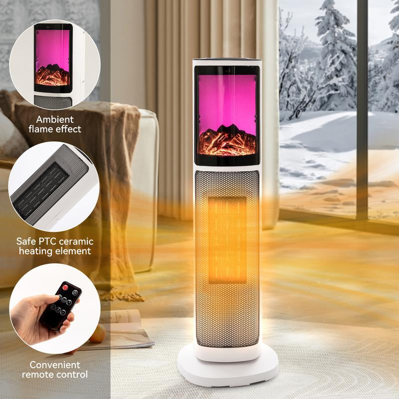 Ceramic Tower 1500W Indoor Space Heater Fan, Room Heating with Oscillation, Portable Tower Heater for Office, Bedroom, Living Room, Overheat Protection, Electronic Flame Light Effect, White