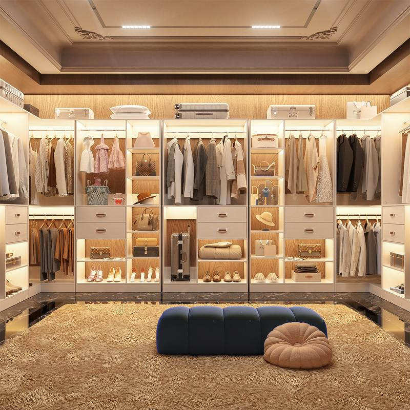 Cyclysio Freestanding Huge Wooden Closet System, 110'' Reversible Stand-Alone Wood Wardrobe, Sturdy Walk-In Closet Organizer with Hanging Rods