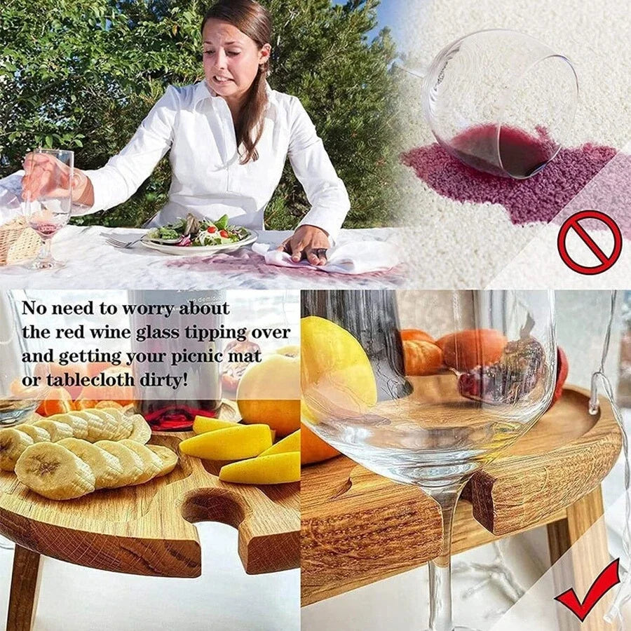 Outdoor Wooden Folding Picnic Table-With Glass Holder 2In1 round Desk Wine Glass Rack Collapsible Table for Garden Party