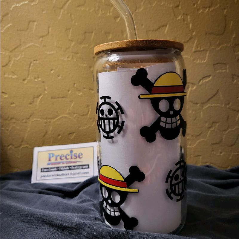 One Piece Luffy Jolly Roger Glass Cup with Glass Straw