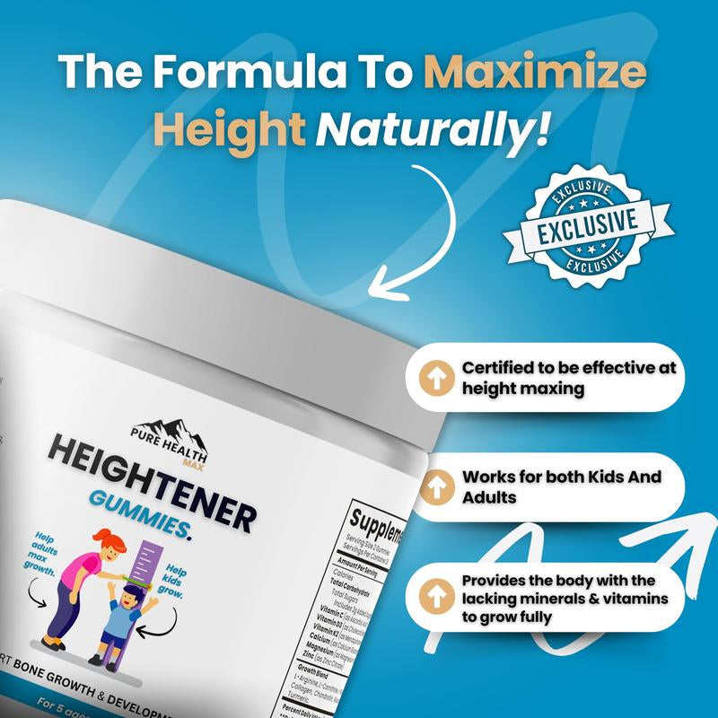 Heightener Gummies - Natural Height Growth Supplement for Kids, Teens and Adults to Increase Bone Strength and Grow Taller | Height Maximizer Pills with L-Arginine, Calcium & Zinc | 60 Gummy