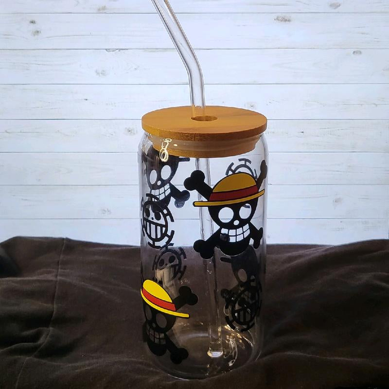 One Piece Luffy Jolly Roger Glass Cup with Glass Straw