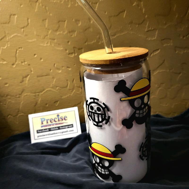 One Piece Luffy Jolly Roger Glass Cup with Glass Straw