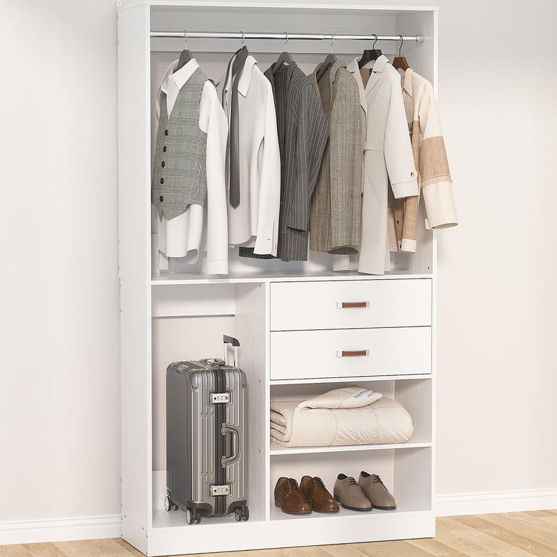 Cyclysio Freestanding Huge Wooden Closet System, 110'' Reversible Stand-Alone Wood Wardrobe, Sturdy Walk-In Closet Organizer with Hanging Rods
