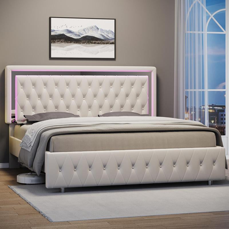 AMERLIFE LED Bed Frame with Led Lights Adjustable Headboard Velvet Button Tufted/Acrylic Mirror Accents, No Box Spring Needed/Christmas Gift