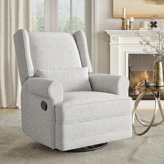 Swivel Nursery Glider Recliner, Comfy Upholstered Glider Chair with Lumbar Pillow and Footrest, Swivel Rocking Chair for Living Room, Grey