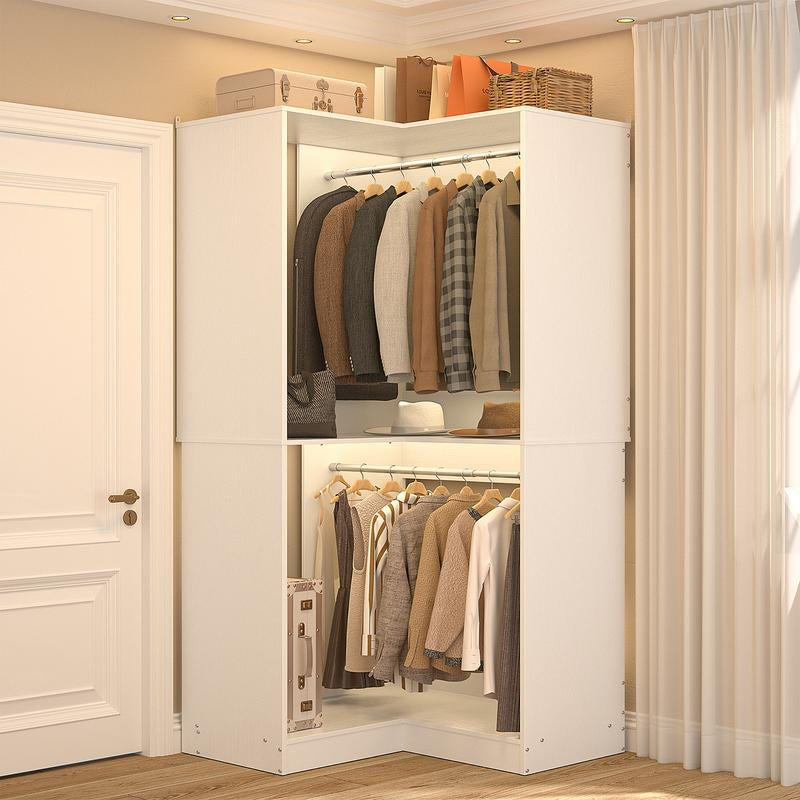 Cyclysio Freestanding Huge Wooden Closet System, 110'' Reversible Stand-Alone Wood Wardrobe, Sturdy Walk-In Closet Organizer with Hanging Rods