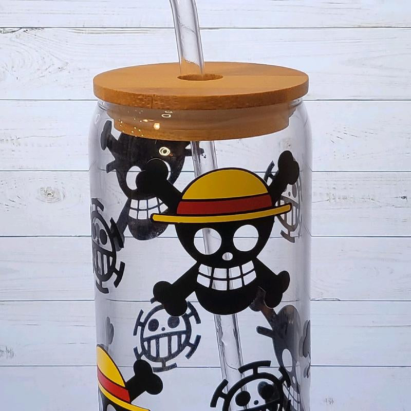 One Piece Luffy Jolly Roger Glass Cup with Glass Straw