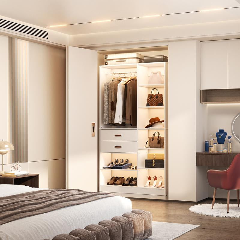 Cyclysio Freestanding Huge Wooden Closet System, 110'' Reversible Stand-Alone Wood Wardrobe, Sturdy Walk-In Closet Organizer with Hanging Rods