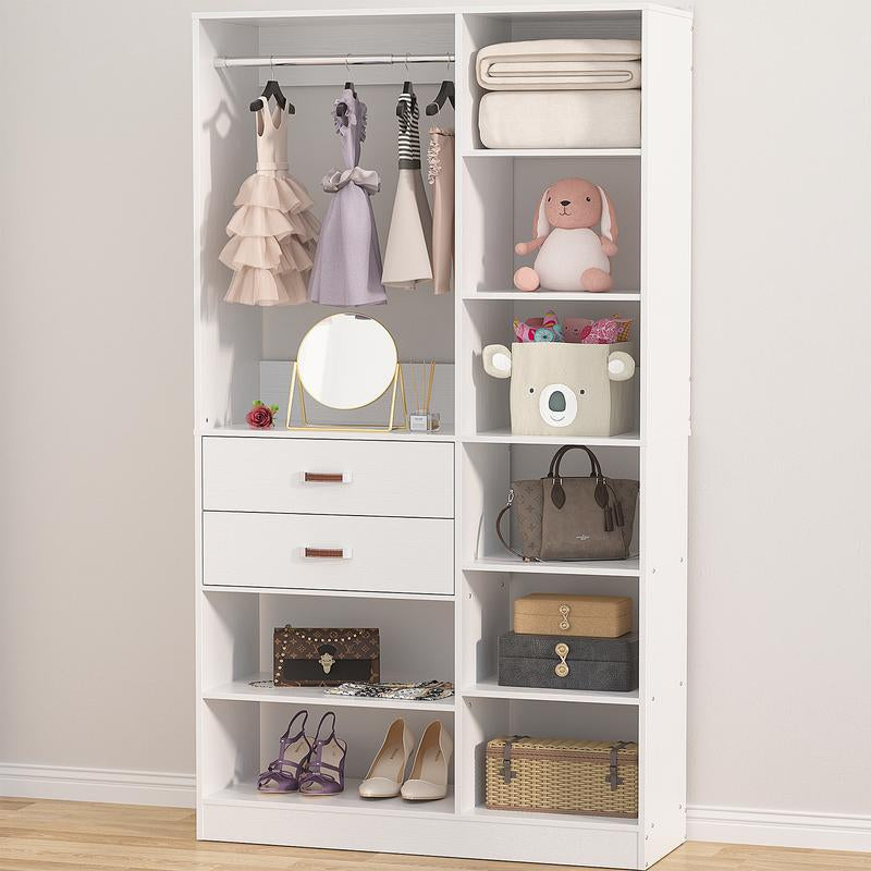 Cyclysio Freestanding Huge Wooden Closet System, 110'' Reversible Stand-Alone Wood Wardrobe, Sturdy Walk-In Closet Organizer with Hanging Rods