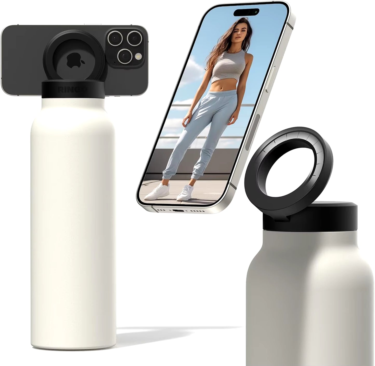 Insulated Water Bottle Compatible Magsafe Water Bottle with Phone Holder,Stainless Steel Water Bottle with Magnetic Phone Tripod