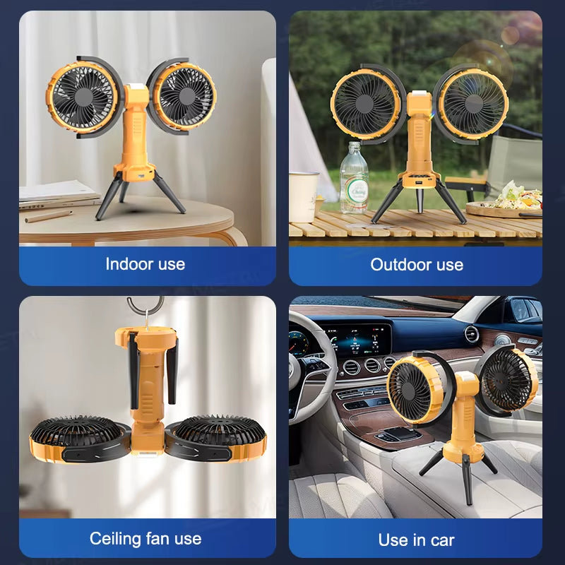 8000Mah Camping Fan Outdoor Rechargeable Cooling Fan Automatic Rotation Portable Fan with Led Light Charging All in One