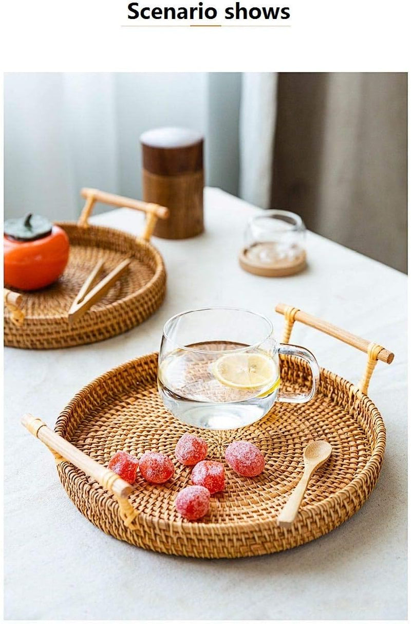 Hand-Made round Rattan Tray with Handle, Food Basket, Basket, Perfect for Displaying Bread, Coffee Breakfast or Fruit 11X11Xo.39In