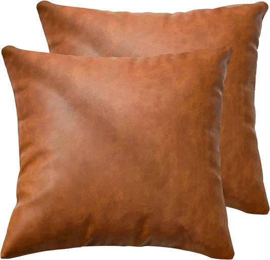 Faux Leather Farmhouse Throw Pillow Cover 22X22 Inch, Modern Country Style Decorative Throw Pillow Cover for Bedroom Living Room Sofa Brown Accent Pillows.(Full Leather 2PC, 22X22 Inch)