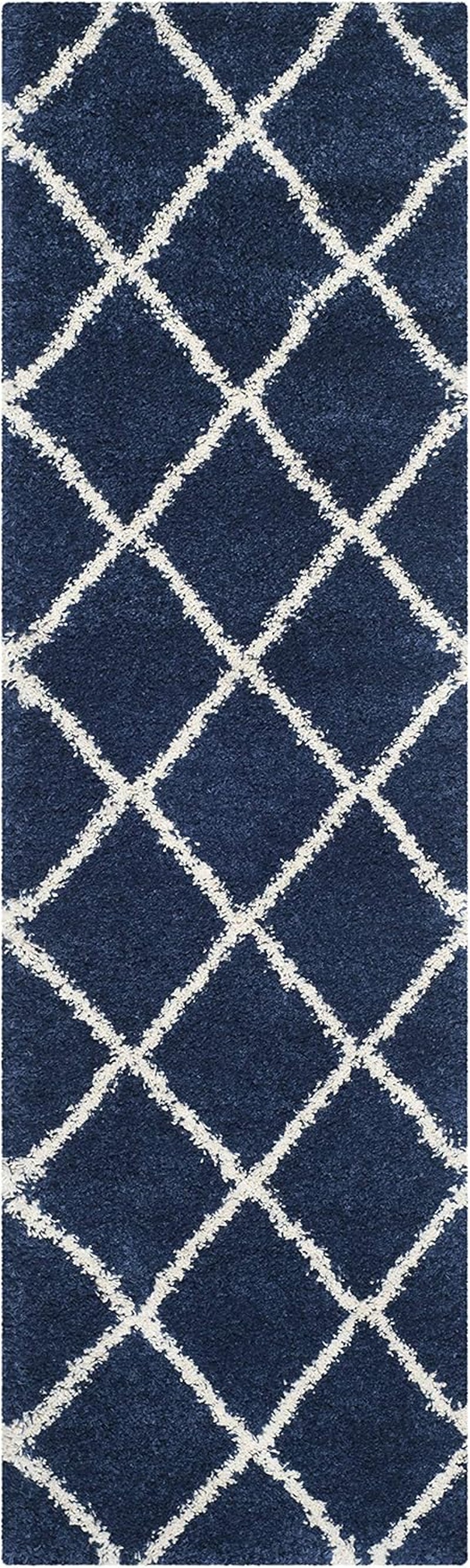 Hudson Shag Collection Runner Rug - 2'3" X 8', Navy & Ivory, Modern Trellis Design, Non-Shedding & Easy Care, 2-Inch Thick Ideal for High Traffic Areas in Living Room, Bedroom (SGH281C)