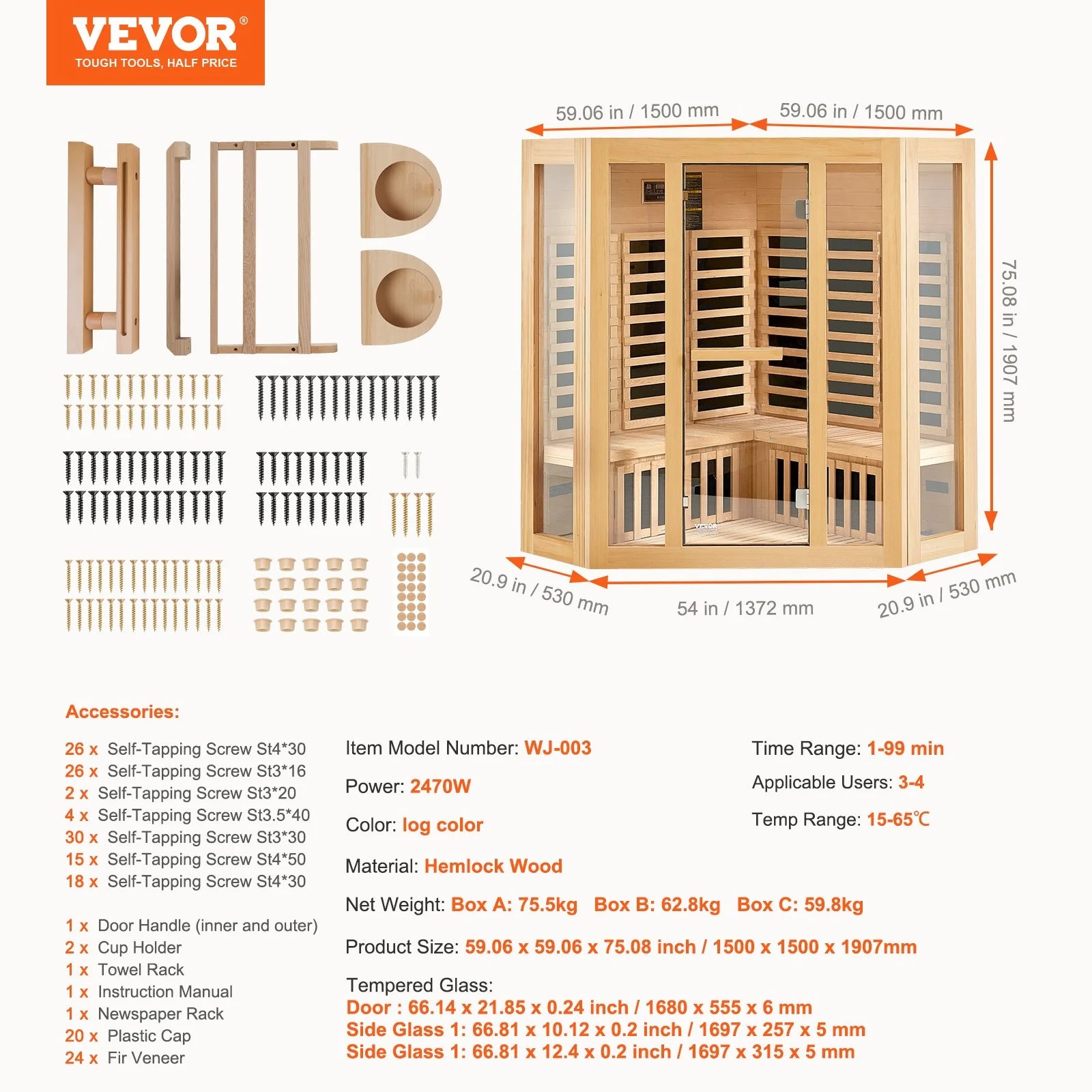 VEVOR Far Infrared Wooden Sauna Room Home Sauna Spa for 3 to 4 Person 2470W