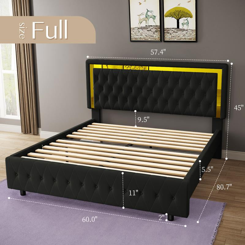 AMERLIFE LED Bed Frame with Led Lights Adjustable Headboard Velvet Button Tufted/Acrylic Mirror Accents, No Box Spring Needed/Christmas Gift