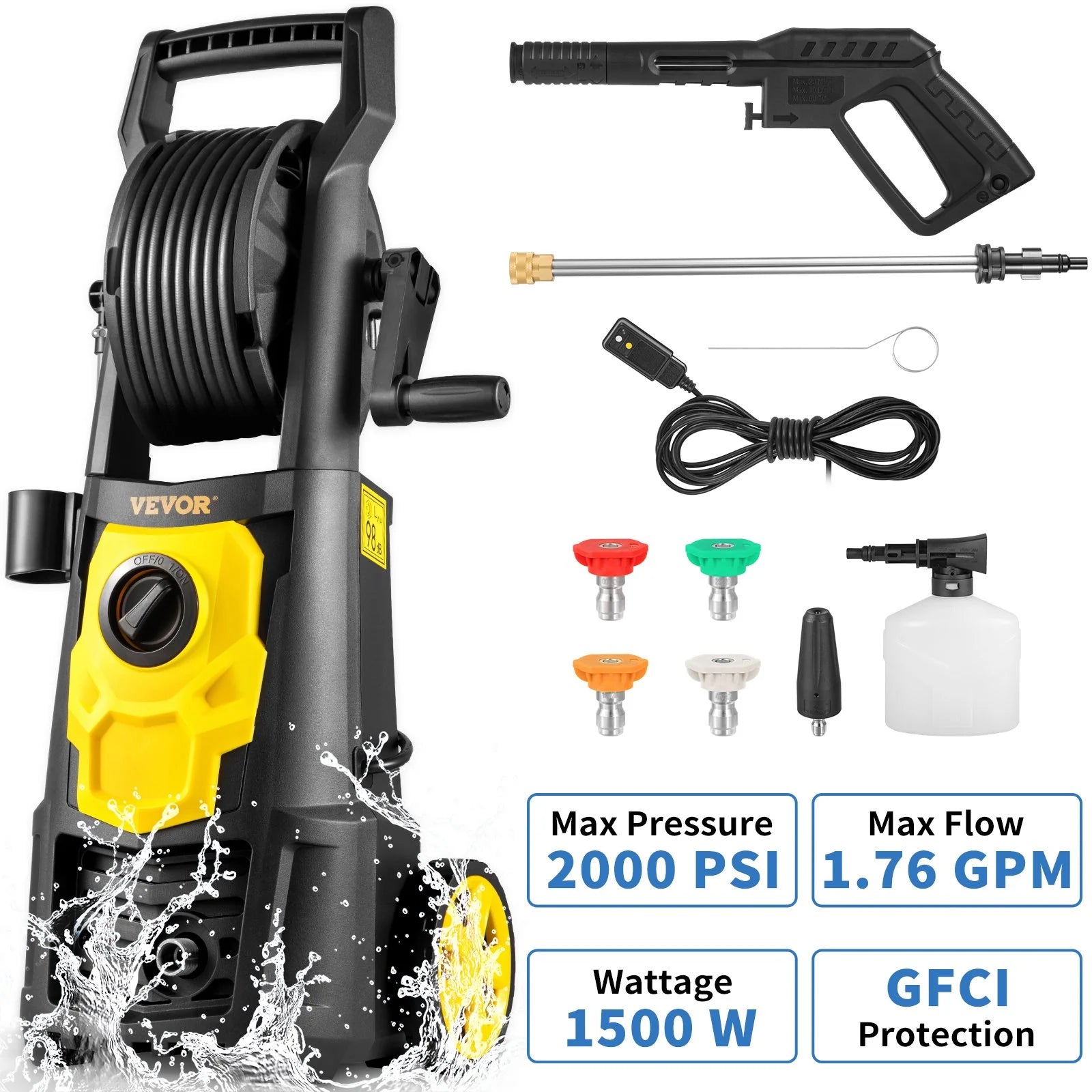 VEVOR Electric Pressure Washer, 2000 PSI, Max. 1.76 GPM Power Washer W/ 30 Ft Hose, 5 Quick Connect Nozzles, Foam Cannon, Portable to Clean Patios, Cars, Fences, Driveways, ETL Listed