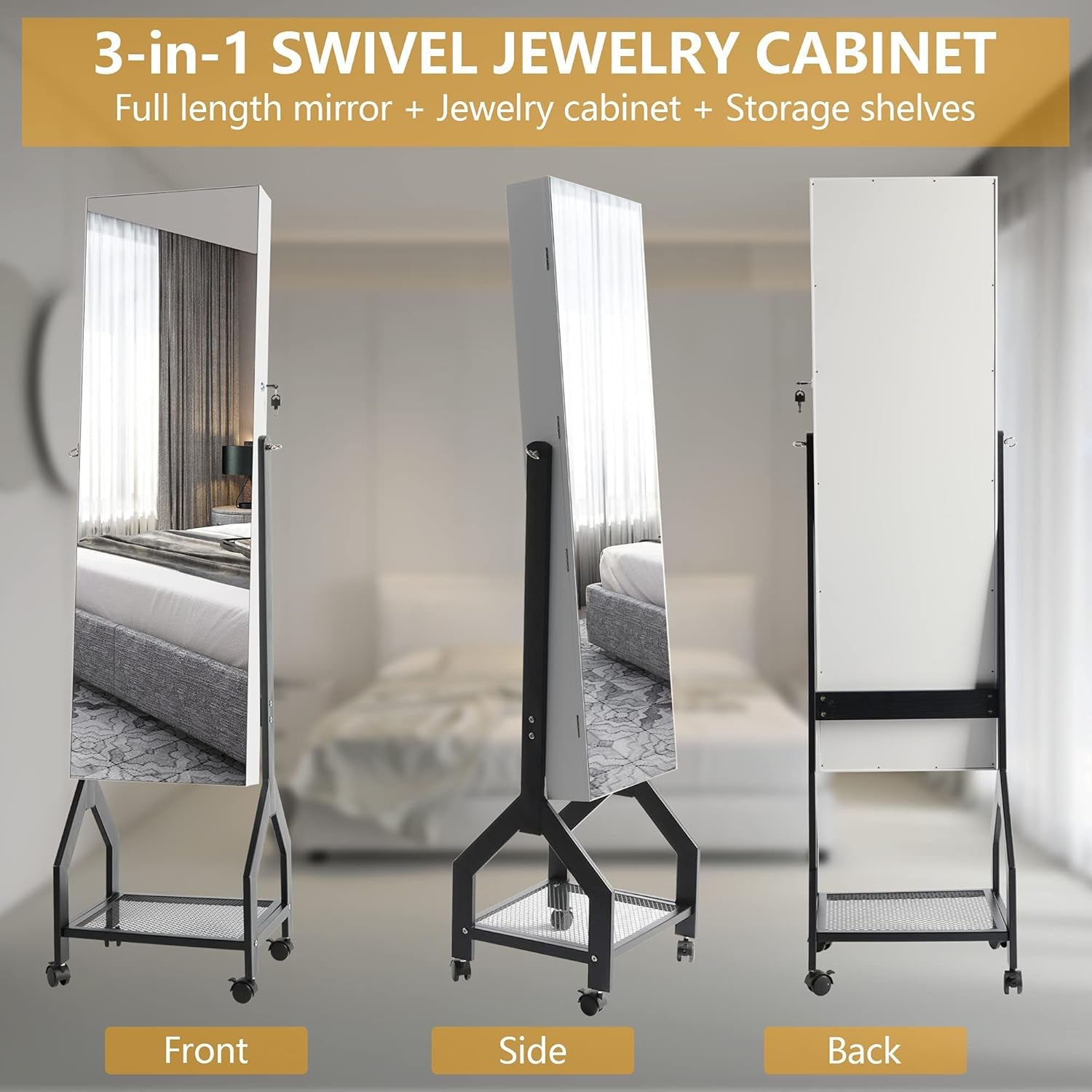 Lockable Jewelry Cabinet with Full-Length Mirror, Large Capacity Jewelry Organizer Box Floor Standing Mirror Jewelry Armoire Removable with Wheels (White with Wheels)