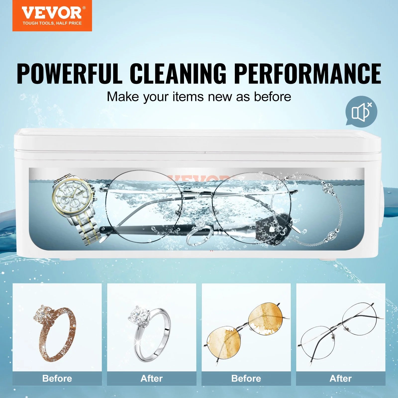 VEVOR Jewelry Cleaner Ultrasonic Machine, Ultrasonic Cleaner Machine 16Oz (470Ml) with 4 Timer Modes, Portable Ultrasonic Jewelry Cleaner with Cleaning Basket for Eyeglasses, Watches, Dentures, Rings