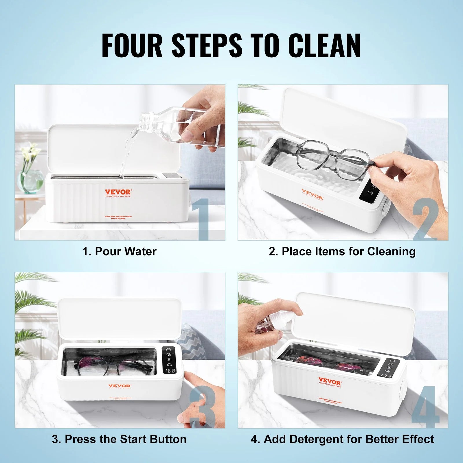 VEVOR Jewelry Cleaner Ultrasonic Machine, Ultrasonic Cleaner Machine 16Oz (470Ml) with 4 Timer Modes, Portable Ultrasonic Jewelry Cleaner with Cleaning Basket for Eyeglasses, Watches, Dentures, Rings