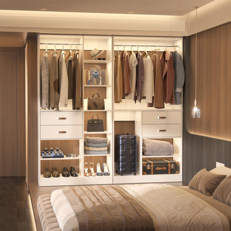 Cyclysio Freestanding Huge Wooden Closet System, 110'' Reversible Stand-Alone Wood Wardrobe, Sturdy Walk-In Closet Organizer with Hanging Rods