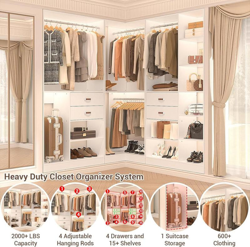 Cyclysio Freestanding Huge Wooden Closet System, 110'' Reversible Stand-Alone Wood Wardrobe, Sturdy Walk-In Closet Organizer with Hanging Rods