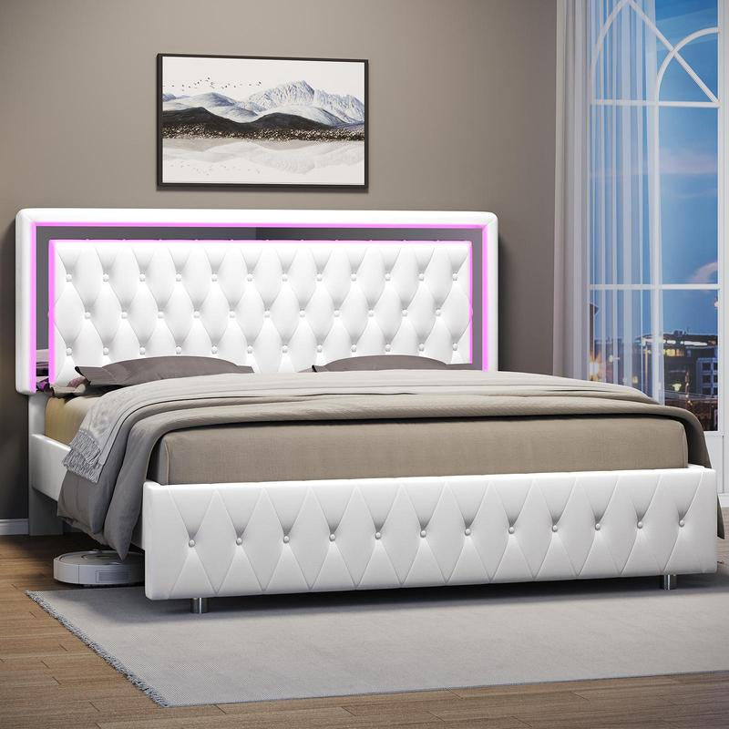 AMERLIFE LED Bed Frame with Led Lights Adjustable Headboard Velvet Button Tufted/Acrylic Mirror Accents, No Box Spring Needed/Christmas Gift