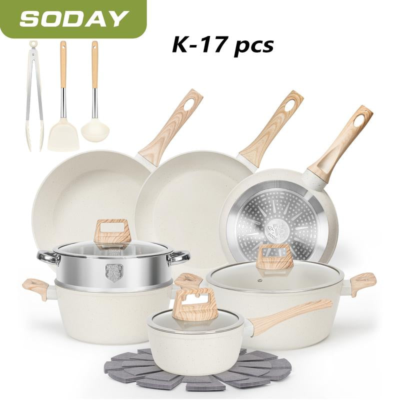 SODAY 17Pcs Pots and Pans Set Non Stick Kitchen Cookware Sets Induction Cookware Nonstick Granite Cooking Set with Frying Pans, Saucepans, Steamer