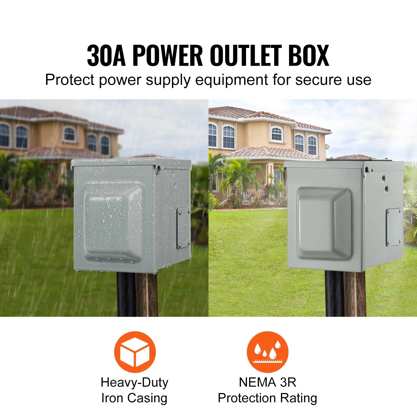 VEVOR 30 Amp RV Power Outlet Box, 125/250 Volt, Enclosed Lockable Outdoor RV Receptacle Box, NEMA TT-30R Weatherproof Electrical Panel, for RV Camper Trailer Motorhome Tested to UL Standards