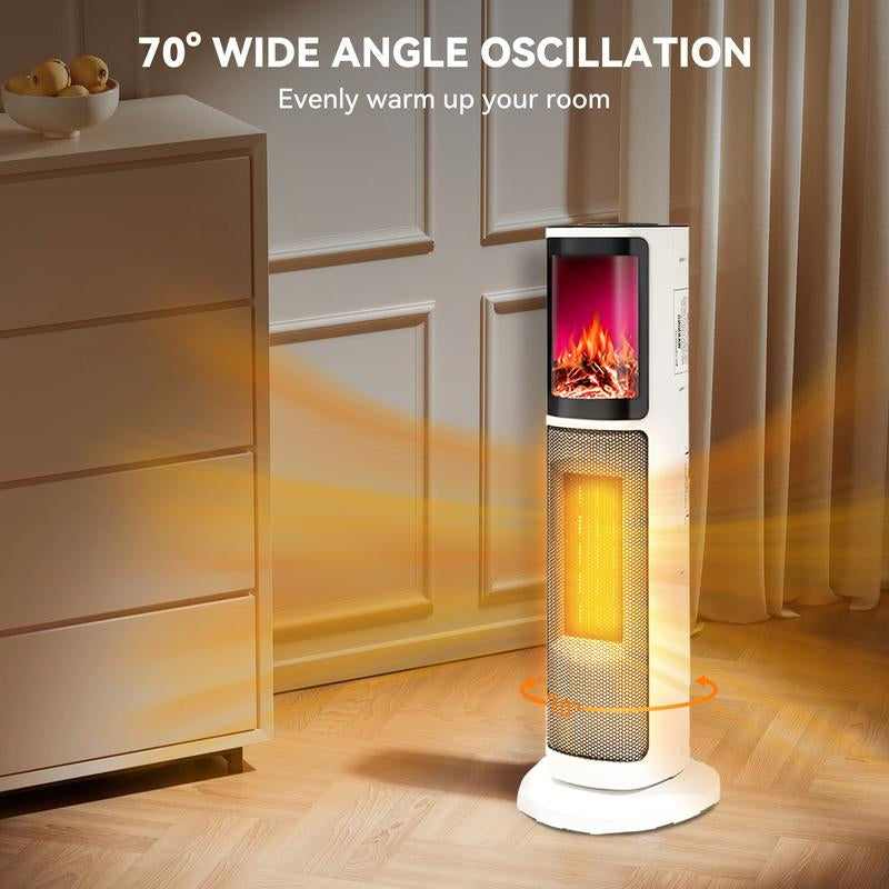 Ceramic Tower 1500W Indoor Space Heater Fan, Room Heating with Oscillation, Portable Tower Heater for Office, Bedroom, Living Room, Overheat Protection, Electronic Flame Light Effect, White