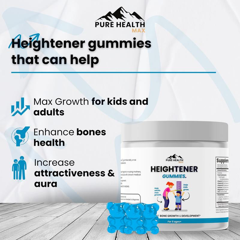 Heightener Gummies - Natural Height Growth Supplement for Kids, Teens and Adults to Increase Bone Strength and Grow Taller | Height Maximizer Pills with L-Arginine, Calcium & Zinc | 60 Gummy