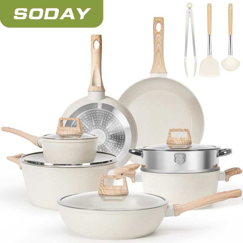 SODAY 17Pcs Pots and Pans Set Non Stick Kitchen Cookware Sets Induction Cookware Nonstick Granite Cooking Set with Frying Pans, Saucepans, Steamer