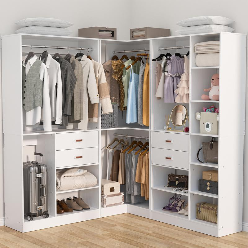Cyclysio Freestanding Huge Wooden Closet System, 110'' Reversible Stand-Alone Wood Wardrobe, Sturdy Walk-In Closet Organizer with Hanging Rods